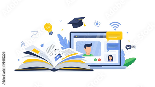 Online education concept with open book and laptop for e-learning, vector illustration for digital classrooms, distance study, and remote academic training sessions.