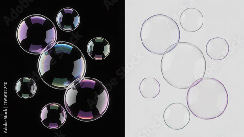 A set of soap bubbles on a black and white background