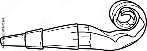 Line drawing of a classic party blower with a mouthpiece and a curled paper section, ready to unfurl and make noise at a celebration.
