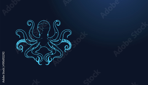 Abstract glowing blue line art octopus constellation design element on dark background