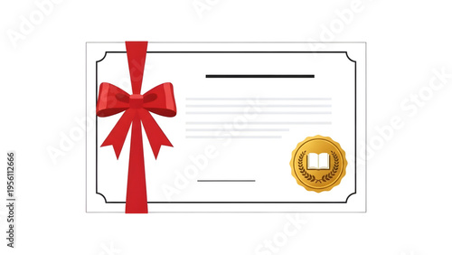 Academic certificate with red ribbon bow and golden seal, vector illustration for graduation diploma, scholarship award, and educational achievement recognition.