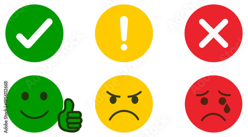 Check marks, cross mark, alerts and emoticons icons set. Feedback rating icons set with emoji, rating, feedback, smile, sad, neutral, check, cross, warning, satisfaction, review, survey, evaluation
