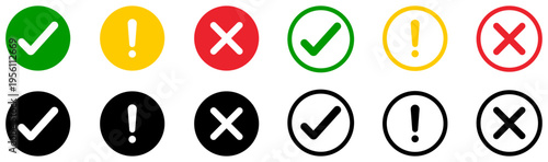 X mark, exclamation point icon set with check mark, tick, wrong, correct, warning symbols. Circle check, cross, alert, caution signs for UI icons, validation, status indicators, vector.