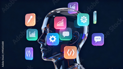 Artificial intelligence, digital technology, data analysis, and communication icons surround transparent human head, symbolizing innovation, creativity, and futuristic thinking virtual environment