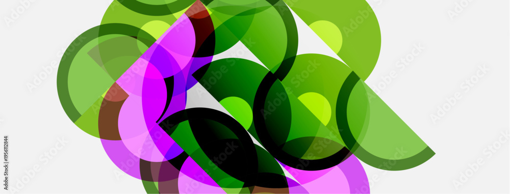 Fototapeta premium Abstract composition. Overlapping circles, green, purple hues create dynamic visual texture. Minimalist design, modern aesthetic.