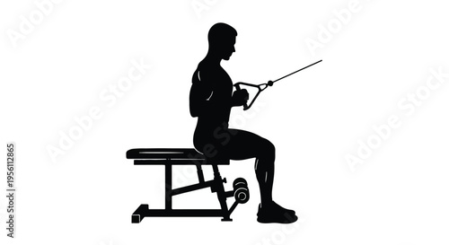 Silhouette of a muscular man performing a seated cable row exercise on a gym bench