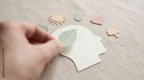 Paper head leaf sun heart tree and drop shapes symbolize mental health mindfulness and eco friendly thinking promoting wellness and positive emotions in natural setting