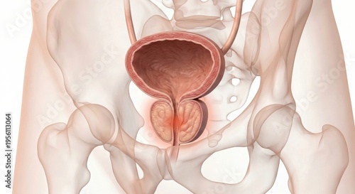 Anatomical visualization of enlarged prostate glands BPH causing localized urethral compression with subtle diagnostic highlight inside ghostly pelvic outline render