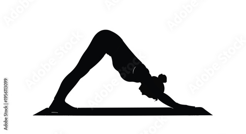 Woman practicing yoga in downward facing dog pose on mat in black silhouette isolated on white background for wellness and fitness concept