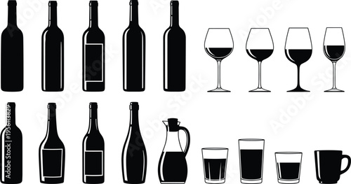 Diverse Collection of Black Silhouettes Featuring Bottles and Various Drinking Glasses Icons