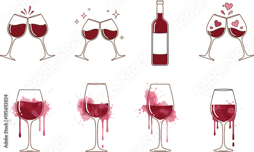 Black and white illustration of wine glasses clinking with decorative elements, splashing red wine, and central wine bottle symbolizing celebration