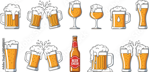Cartoon Style Beer Glasses Mugs and Bottle Vector Illustration Set for Celebration