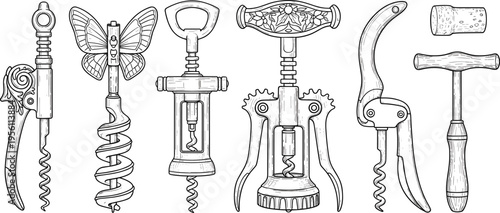 Diverse Collection of Vintage Hand Drawn Wine Corkscrews and Bottle Openers Line Art