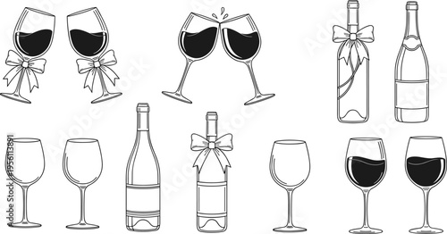 Elegant Line Art Collection of Wine Glasses and Bottles for Celebrations and Design