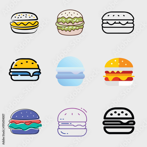 Hamburger and Cheeseburger Icon Set in Multiple Styles Vector Illustration