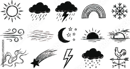 Set of 15 Hand-Drawn Weather and Nature Icons Vector Collection for Forecasts and Climate Design Elements