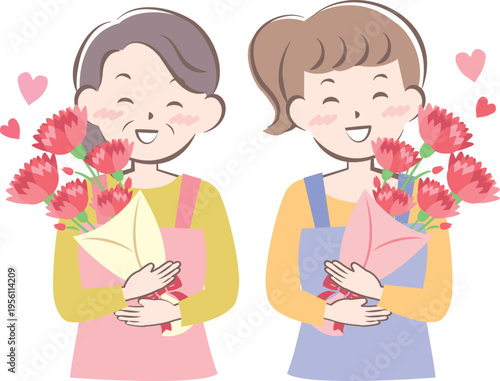 母の日にカーネーションをもらうお母さんとおばあちゃん