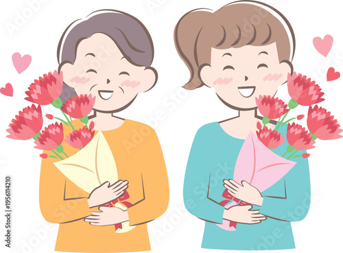 母の日にカーネーションをもらうお母さんとおばあちゃん