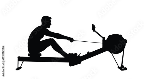 Man exercising on rowing machine in gym fitness equipment silhouette vector illustration for sports and workout concept