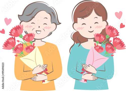 母の日にカーネーションをもらうお母さんとおばあちゃん