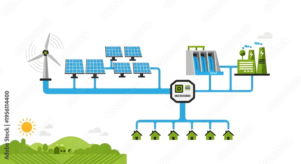 Naklejka premium Smart Grid System with Renewable Energy Sources and Residential Connection.