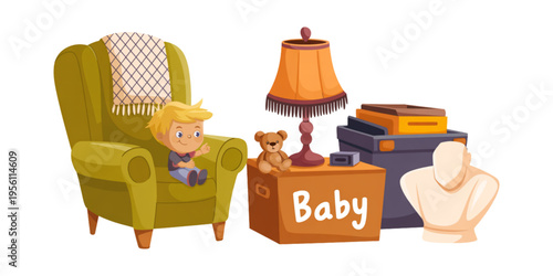 A small toddler sitting in a comfortable olive green armchair next to a decorative baby toy box Vector