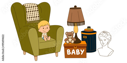 A cute little toddler sitting in a large green armchair next to a lamp and a box of baby toys Vector