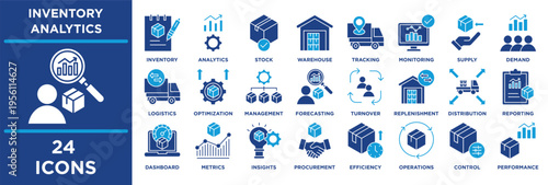 Inventory Analytics icon set illustrating inventory, analytics, stock, warehouse, tracking, monitoring, supply, demand, forecasting, optimization. solid vector