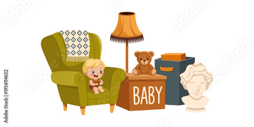 A cute small baby sitting in a comfortable green armchair next to a floor lamp and a toy box Vector