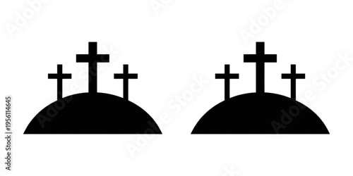 Two identical silhouettes of three christian crosses standing on top of a small grassy hillock Vector