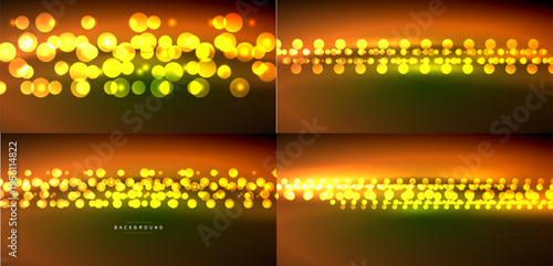 Four abstract backgrounds feature blurred golden lights. Variations show differing density, color gradients, dark surfaces. Festive, warm tones dominate composition.