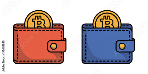 Two colorful leather wallets containing a single golden bitcoin coin representing digital currency Vector