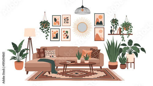 Stylish and cozy modern living room interior with a brown sofa, many indoor plants, art frames, and a bohemian aesthetic.