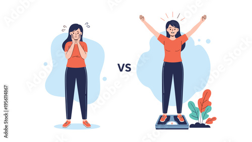 Comparison of an unhappy woman struggling with weight versus her celebrating a successful weight loss on a scale.
