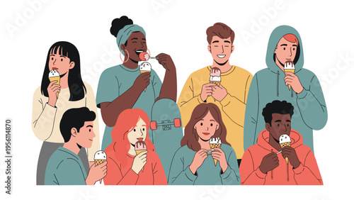 Diverse group of young men and women enjoying various flavors of ice cream cones together as a social activity.