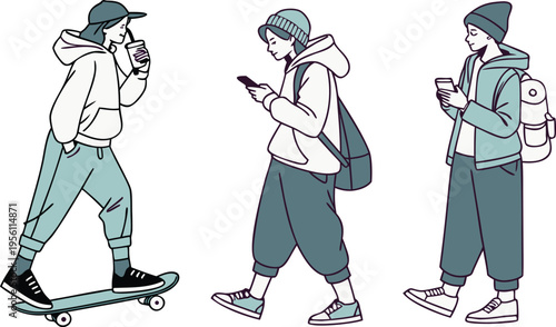 Set of 3 vector illustrations featuring young people in casual streetwear, skateboarding, walking, and using phones