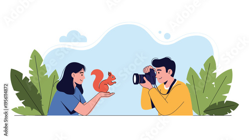 Professional photographer using a camera to take a picture of a cute squirrel sitting on a woman's hand in a park.