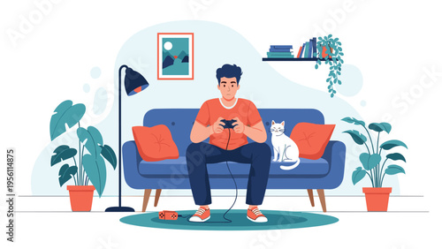 Young man sitting on a sofa and playing video games with a controller while his cat watches him in the living room.