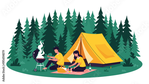 Young couple enjoying a camping trip in a pine forest, cooking food on a grill next to their yellow tent on a meadow.