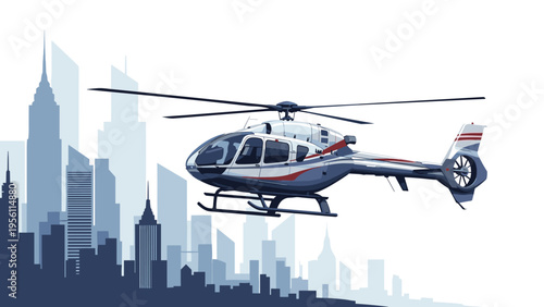 Modern helicopter flying in the sky above a large city skyline with skyscrapers and tall office buildings during the day.