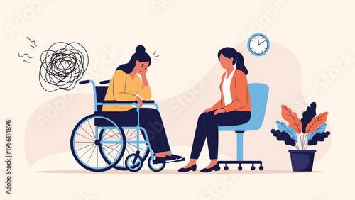 Professional therapist or counselor listening to a sad woman in a wheelchair during a mental health support session.