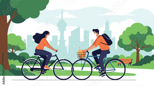 Young man and woman wearing protective face masks while riding bicycles through a city park during the pandemic to stay active and safe.