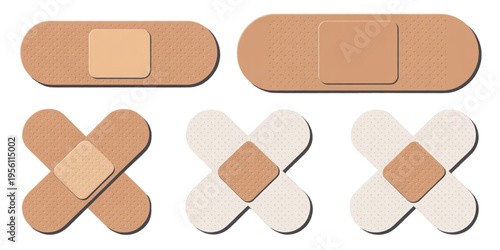 A collection of various adhesive bandages in different shapes and shades for minor wound care Vector