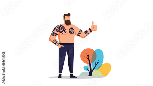 Confident muscular man with intricate tribal tattoos on his arms and chest posing while giving a positive thumbs up gesture of approval.