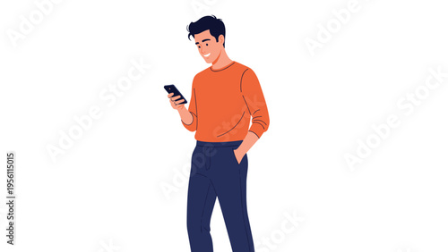 Handsome young man standing and smiling while looking at his smartphone for messages or social media notifications on a clean background.