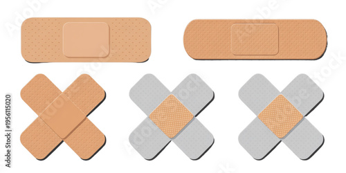A collection of various adhesive bandage strips and cross shaped patches for skin wound healing Vector