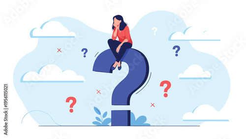 Pensive woman sitting on top of a giant question mark while contemplating difficult decisions or searching for answers in a cloudy sky.