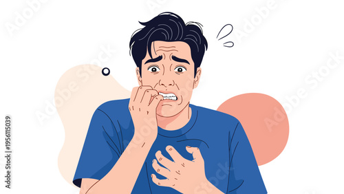 Anxious young man looking stressed and worried while biting his fingernails in a moment of extreme nervousness and mental pressure.