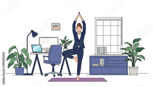 Professional businesswoman practicing the yoga tree pose in her office to manage work stress and maintain a healthy life balance.