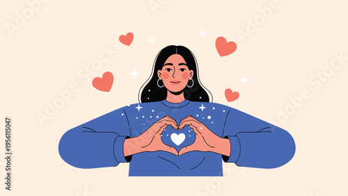 Young woman showing love and kindness by making a heart shape with her hands while surrounded by red heart symbols and sparkles.
